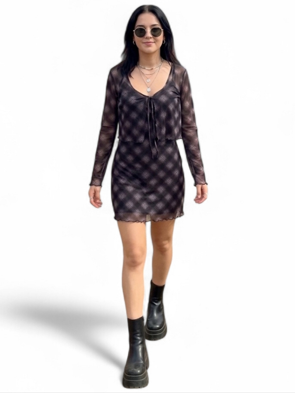 Hollister Y2K Babydoll Mesh Plaid Dress & Shrug Set Festival Large
